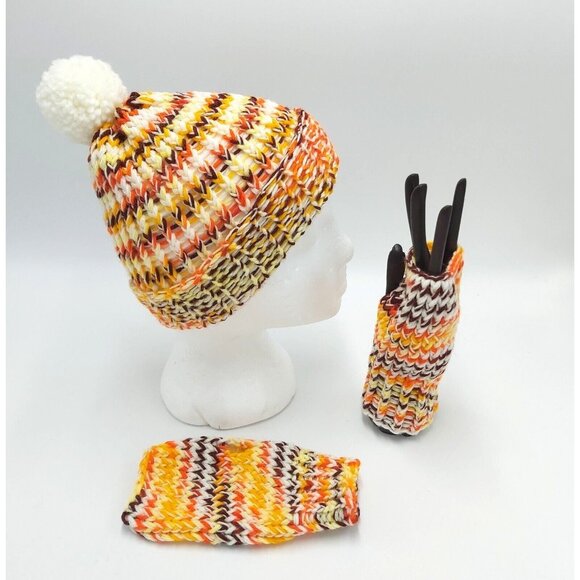 Handmade Loom Knit Fingerless Gloves Beanie Hat Toque Pompom Size Small Autumn - Picture 8 of 16